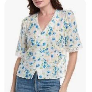 NWT Nanette Lepore Floral Blouse with Blue Accents button down size medium